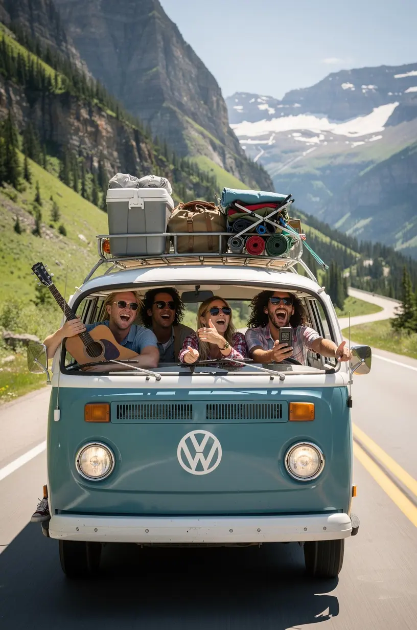 Campground setup with tents and vehicles symbolizing overnight stop logic during a national parks road trip.
